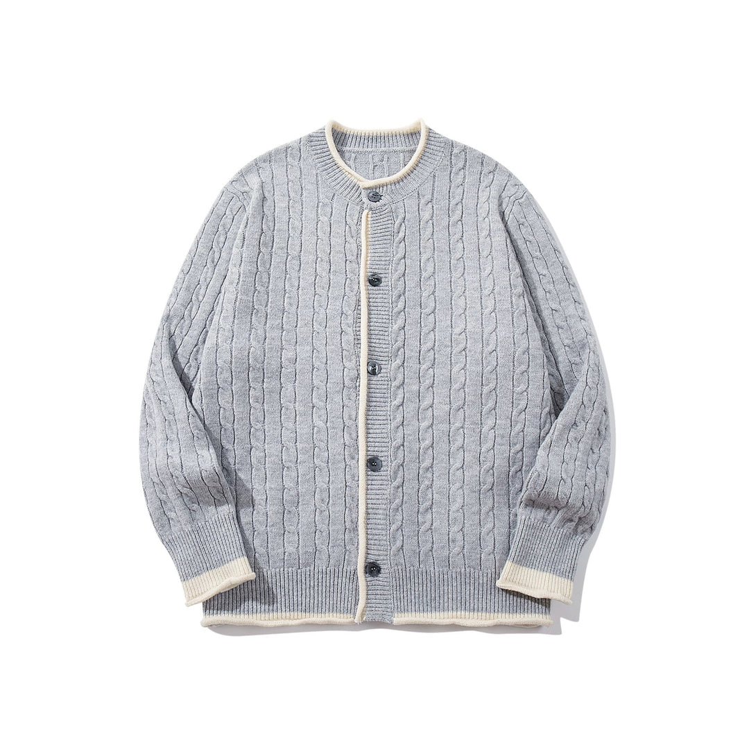 Unisex Cable Knit Cardigan with Round Neck, Contrasting Cuffs and Continuous Button Placket Mune Fashion