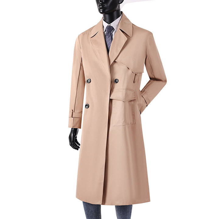 Men's long coat in trench coat style with storm flap, asymmetrical pockets and classic lapel Mune Fashion