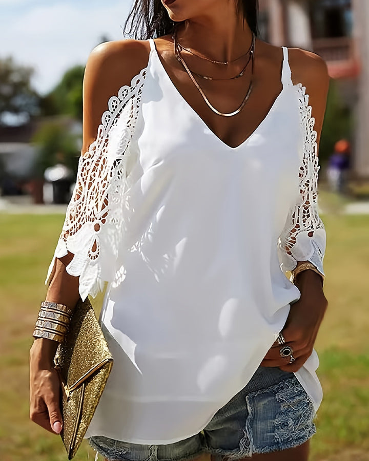 Women's off-the-shoulder spaghetti strap top with crocheted lace sleeves and V-neck Mune Fashion