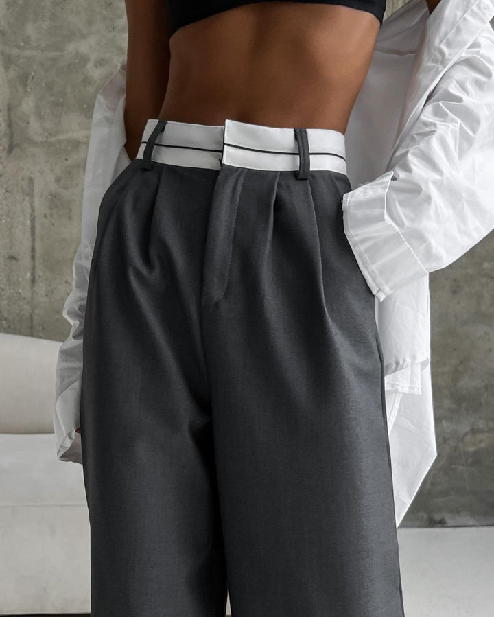 Women High-waisted wide pleated pants with contrast waistband Mune Fashion