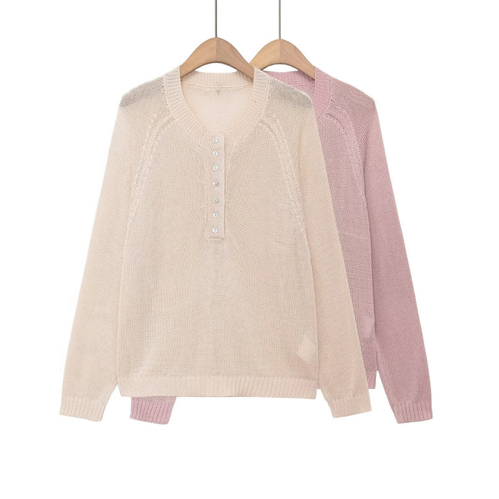 Women's fine knit Henley pullover with button placket and raglan sleeves Mune Fashion