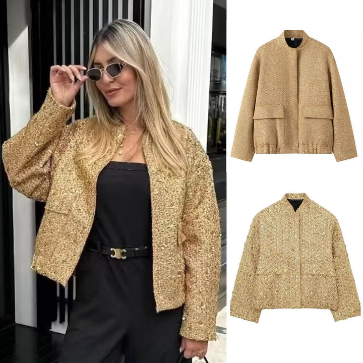 Women's structured bouclé jacket with stand-up collar, patch pockets, and elastic hem Mune Fashion