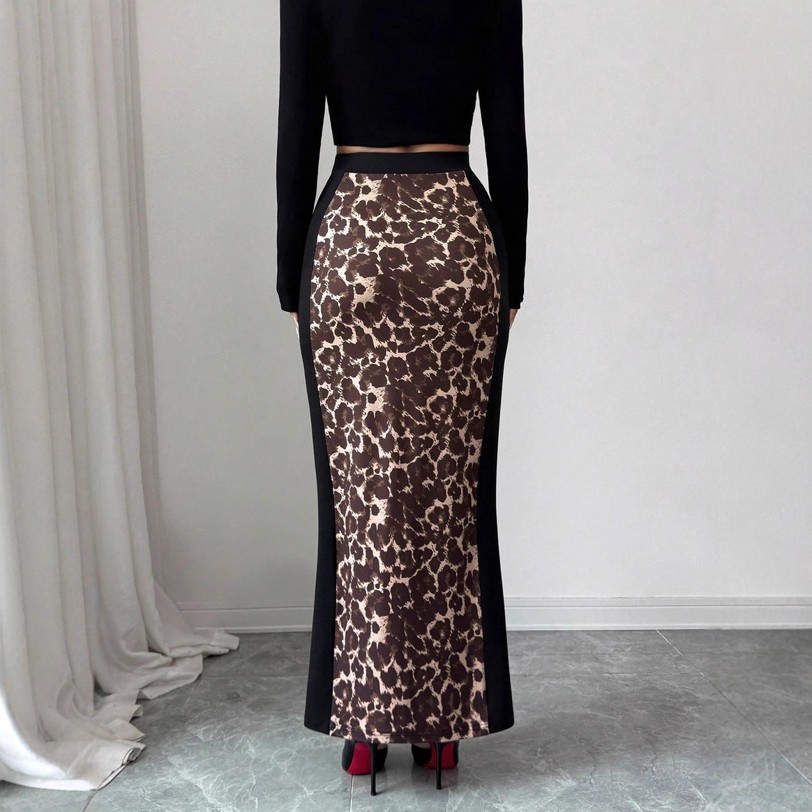 Women's tailored pencil midi skirt with animal print middle panel and side thigh slit Mune Fashion