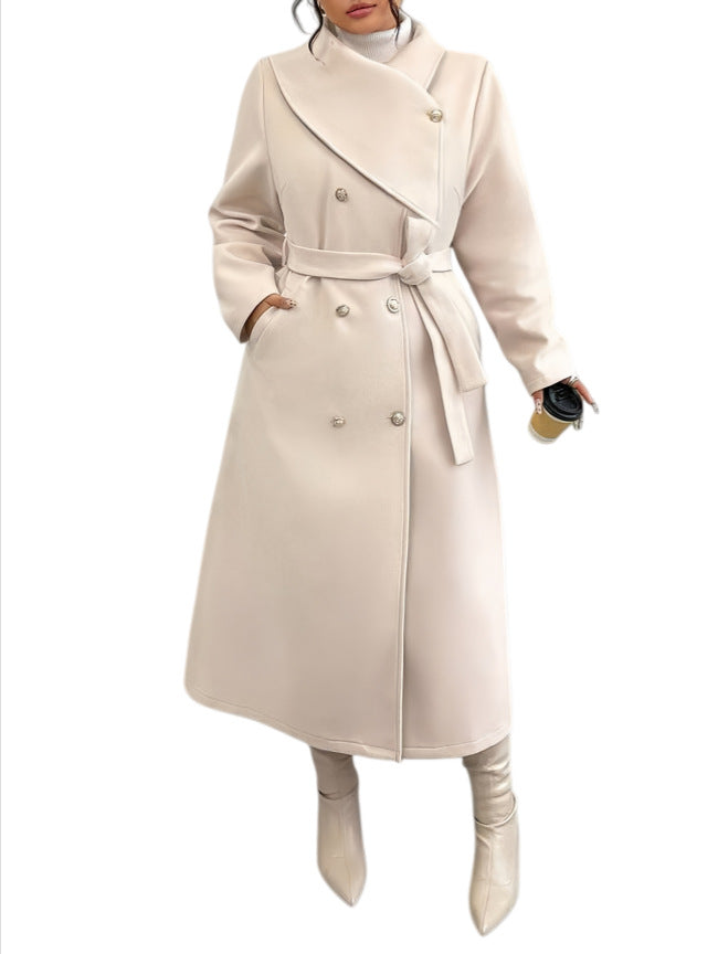 Women's Double-Breasted Wool Blend Coat with Wide Shawl Collar and Tie Belt Mune Fashion