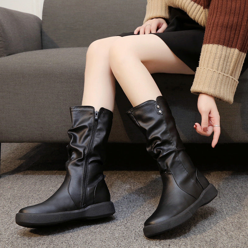 Women's comfortable slouch boots with a knee-high shaft, soft faux leather, and lightweight platform sole Mune Fashion