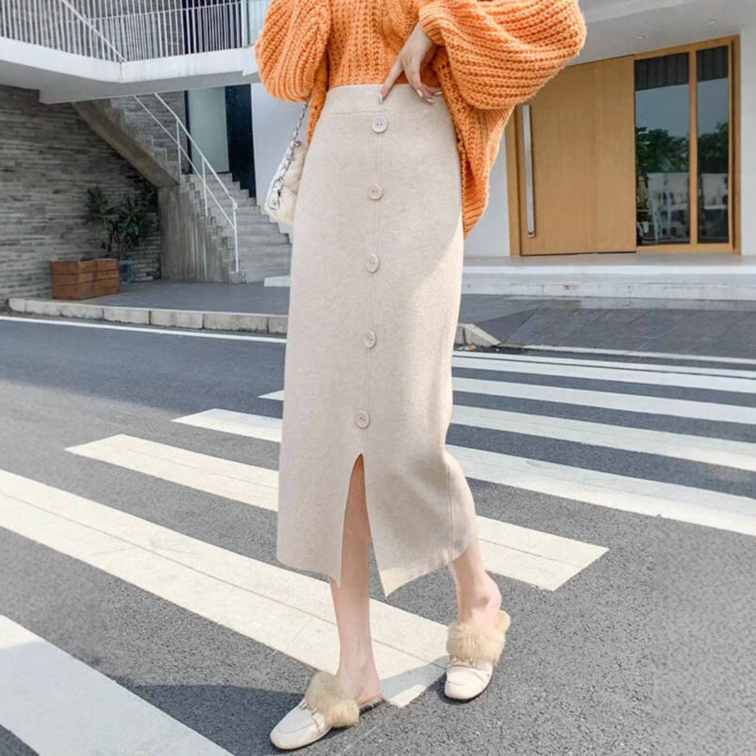 Ladies Elegant Maxi Skirt with Button Details and Slit Mune Fashion