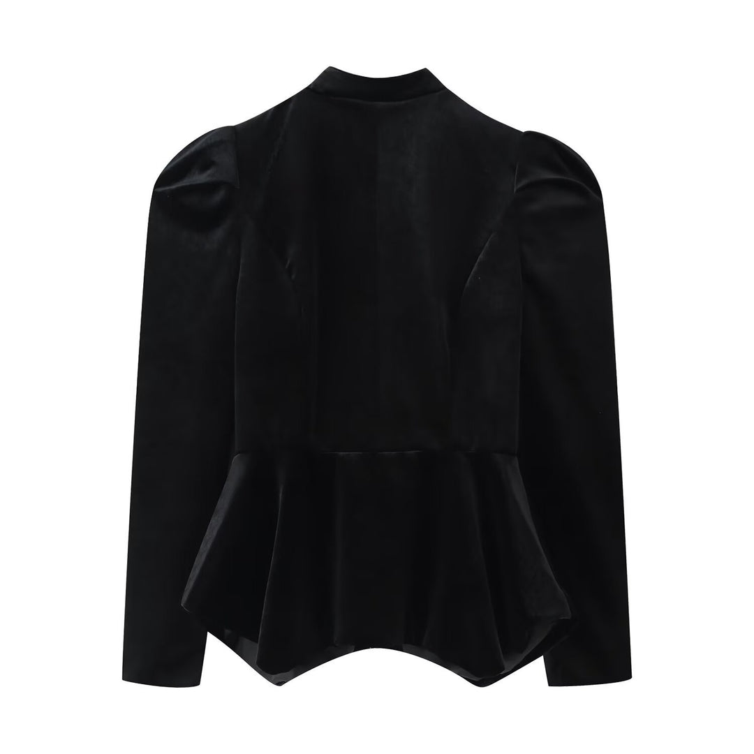 Women's Satin Blouse with Stand Collar, Puff Sleeves and Peplum Details Mune Fashion