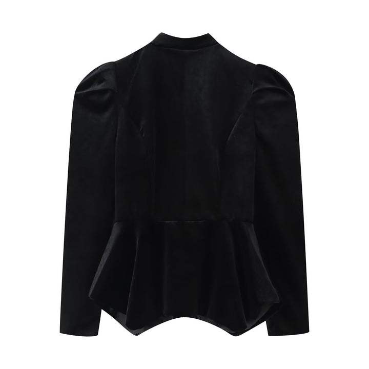 Women's Satin Blouse with Stand Collar, Puff Sleeves and Peplum Details Mune Fashion