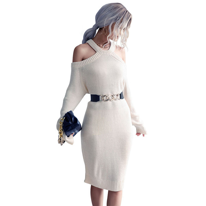 Ladies' Fitted Knit Midi Dress with Halter Straps, Cut-Out Shoulders and Ribbed Hem Mune Fashion