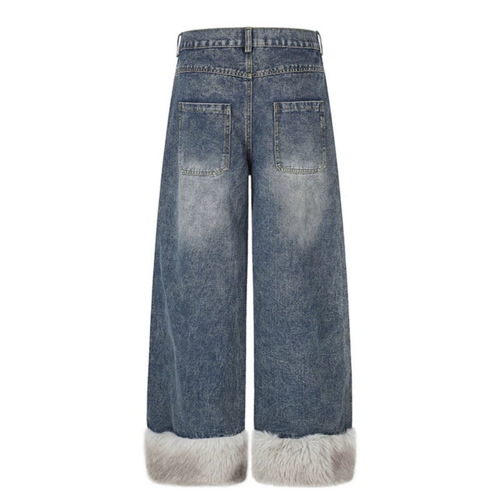 Women wide high-cut denim palazzo pants with check patch pocket and faux fur trim at hem Mune Fashion