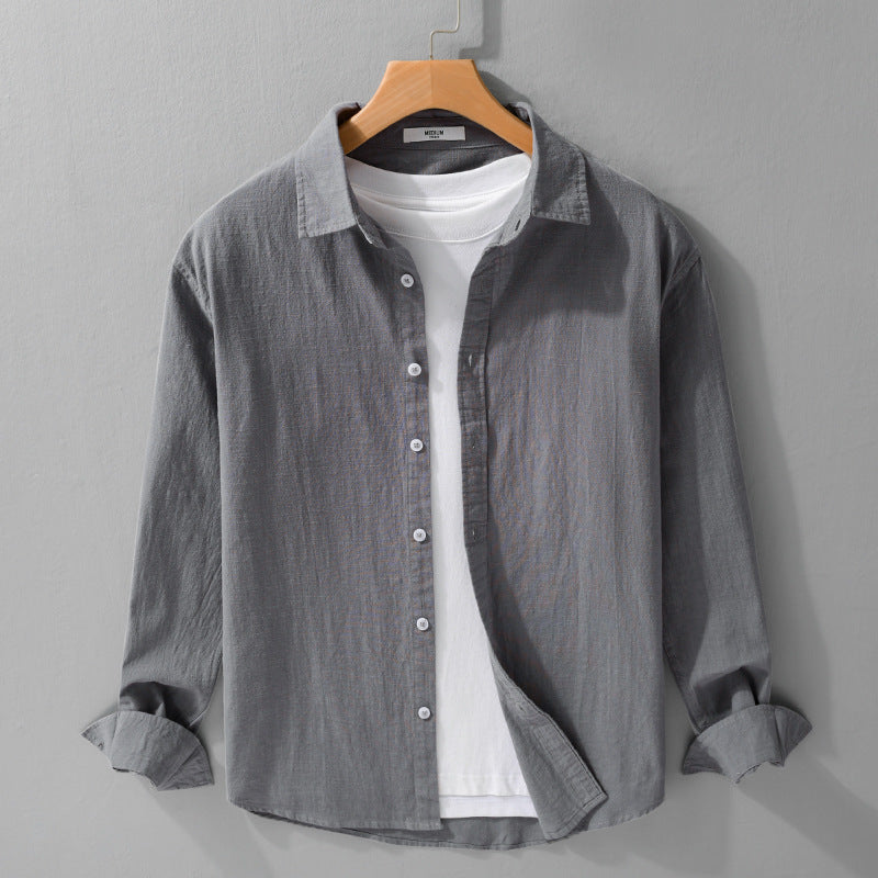 Men's Lightweight Crinkle Linen Cotton Shirt in Layering Style with Kent Collar Mune Fashion