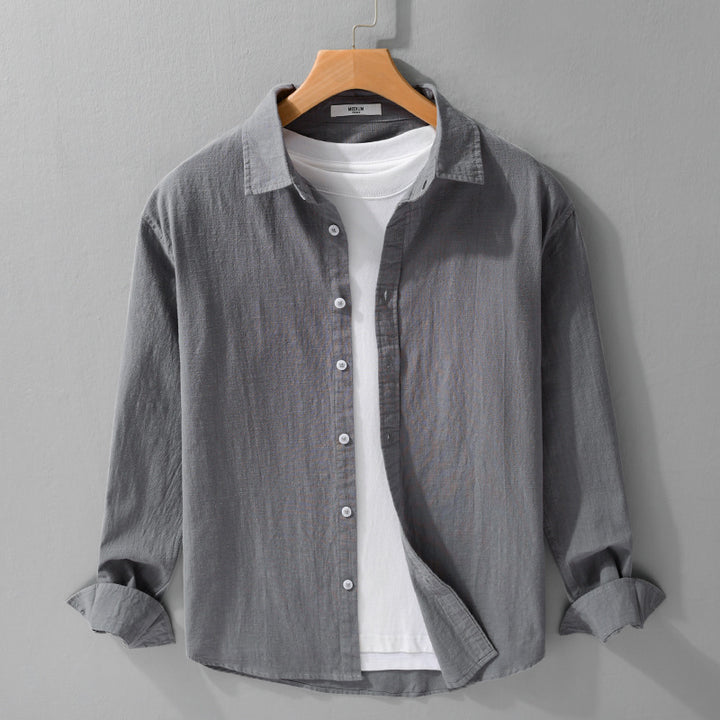 Men's Lightweight Crinkle Linen Cotton Shirt in Layering Style with Kent Collar Mune Fashion