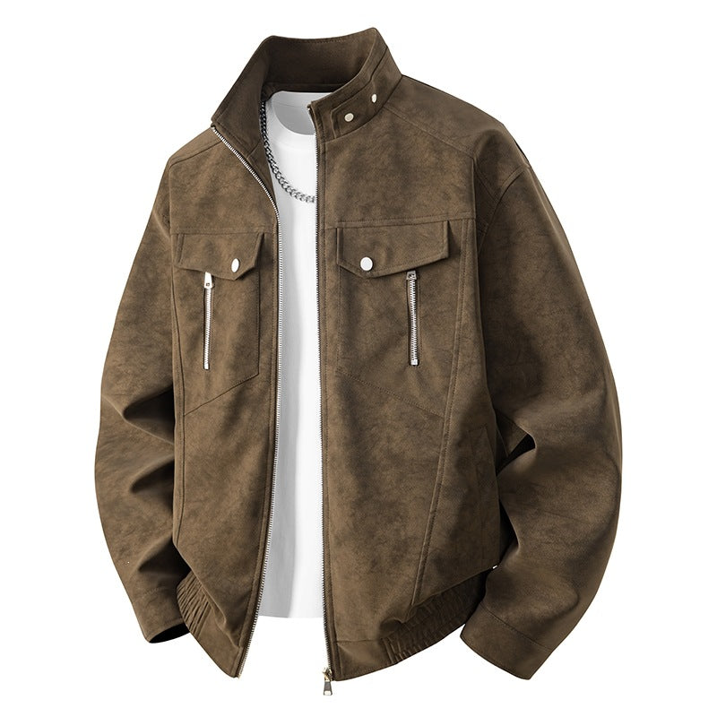 Men's velvet imitation transitional bomber-style jacket with stand-up collar, press stud fastening & elastic cuffs.