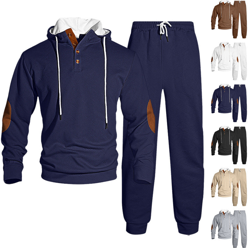 Men's waffle structure Henley hoodie set with wooden button placket elbow patches and tapered joggers Mune Fashion