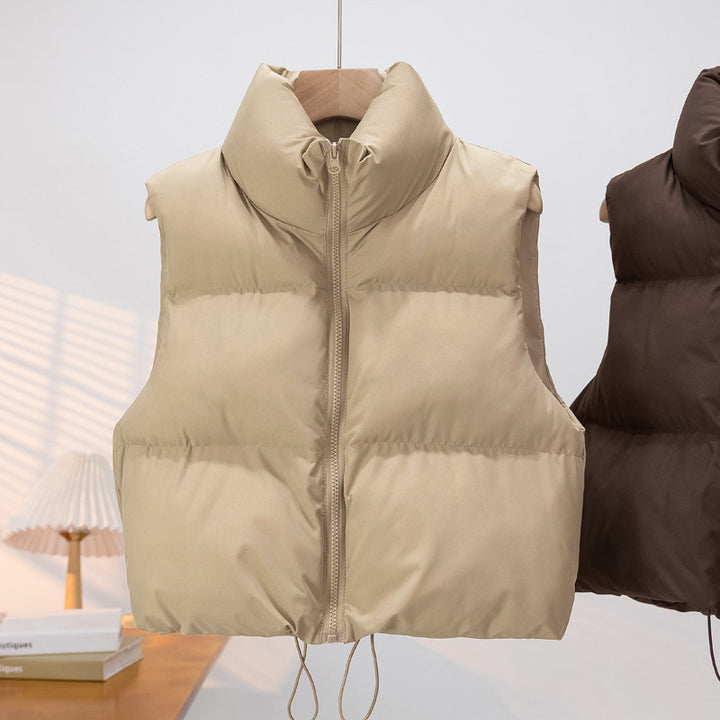 Women's Short Cut Quilted Down Vest with Stand-up Collar and Drawstring Mune Fashion