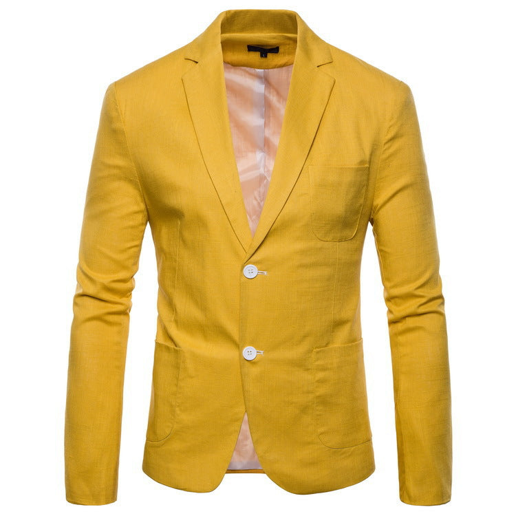 Men's elegant tailored linen blazer with notched collar, contrast buttons, and pocket square detail Mune Fashion
