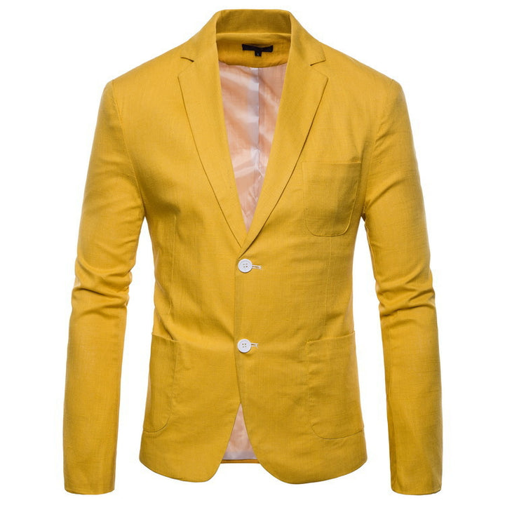 Men's elegant tailored linen blazer with notched collar, contrast buttons, and pocket square detail Mune Fashion