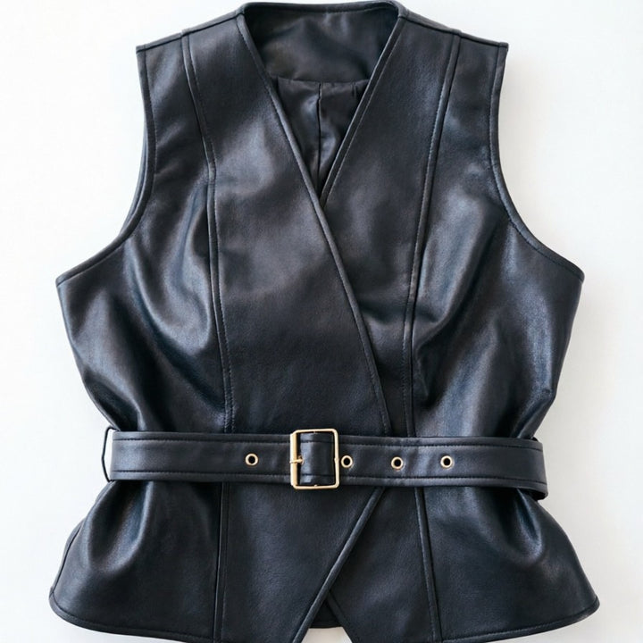 Women Elegant Leather Vest with Waist Belt Mune Fashion