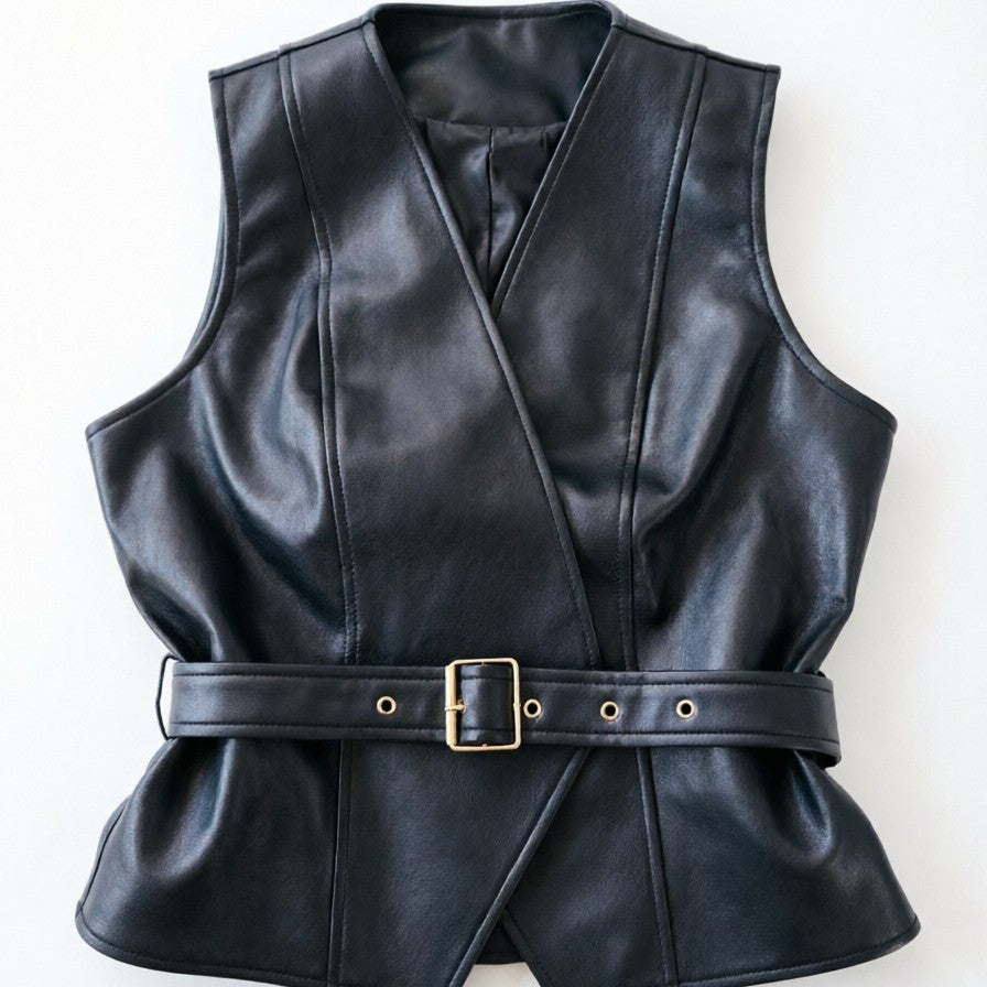Women tailored sleeveless leather vest with belt and V-neck Mune Fashion