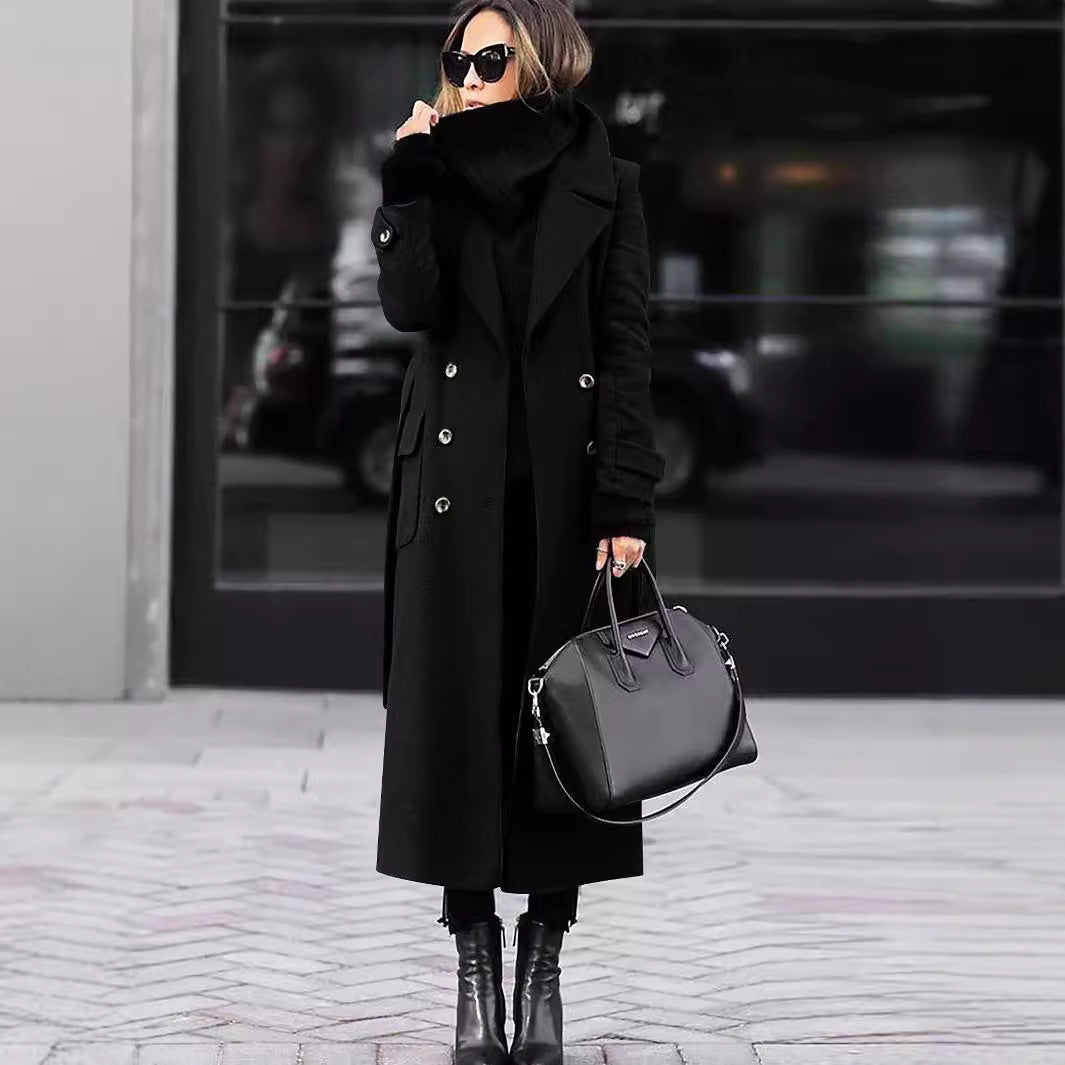 Women's Long Coat Double-Breasted Wool Mix with Wide Lapels and Patch Pockets Mune Fashion