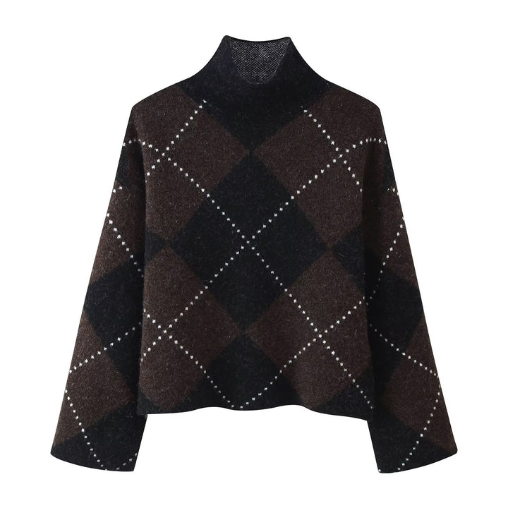Women's Knit Set made of Turtle Neck Poncho and Mini Skirt with Argyle Pattern Mune Fashion