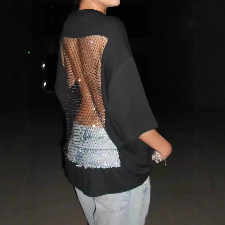 Women's oversized T-shirt with transparent mesh back, rhinestone embellishment and jeans print Mune Fashion