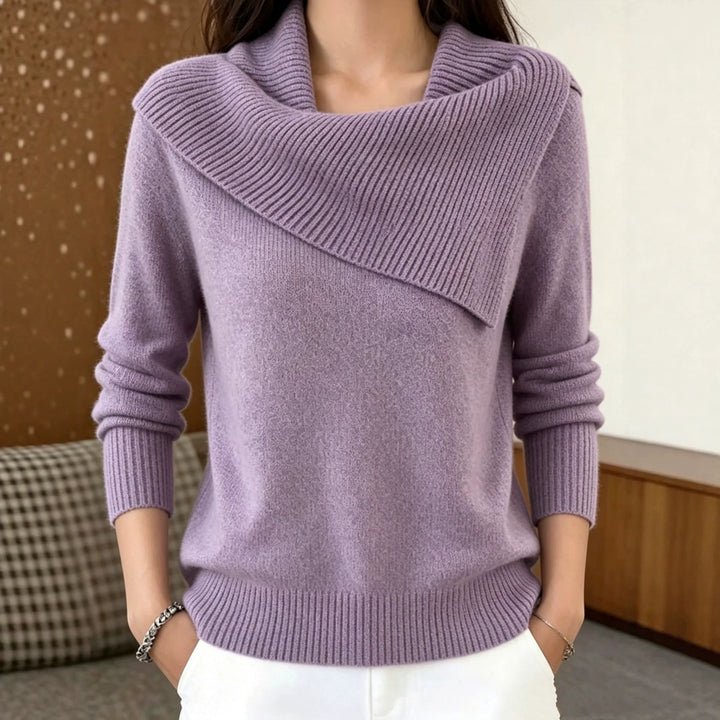 Women Oversized Turtleneck Sweater with Asymmetric Shawl Collar Mune Fashion