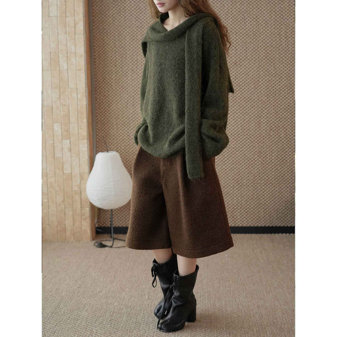 Women's Fluffy Mohair Mix Round Neck Sweater with Casual Long Vest Mune Fashion