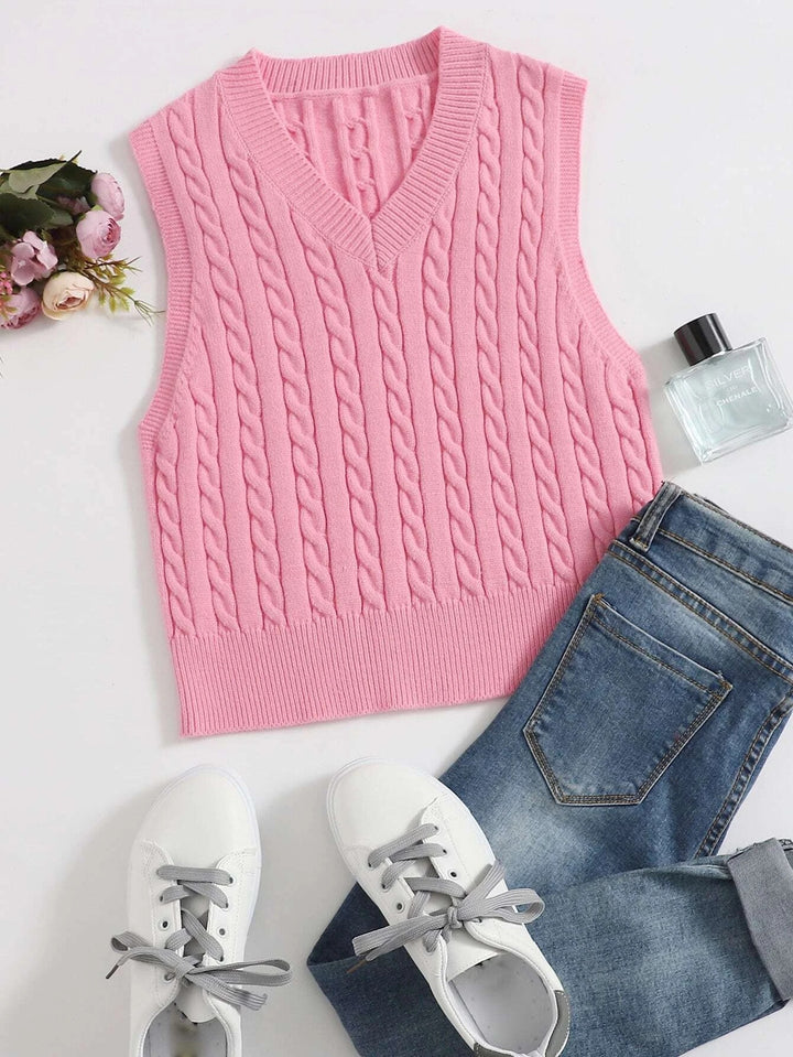 Women Classic Cable Knit Vest with Slim Fit and V-Neck Mune Fashion