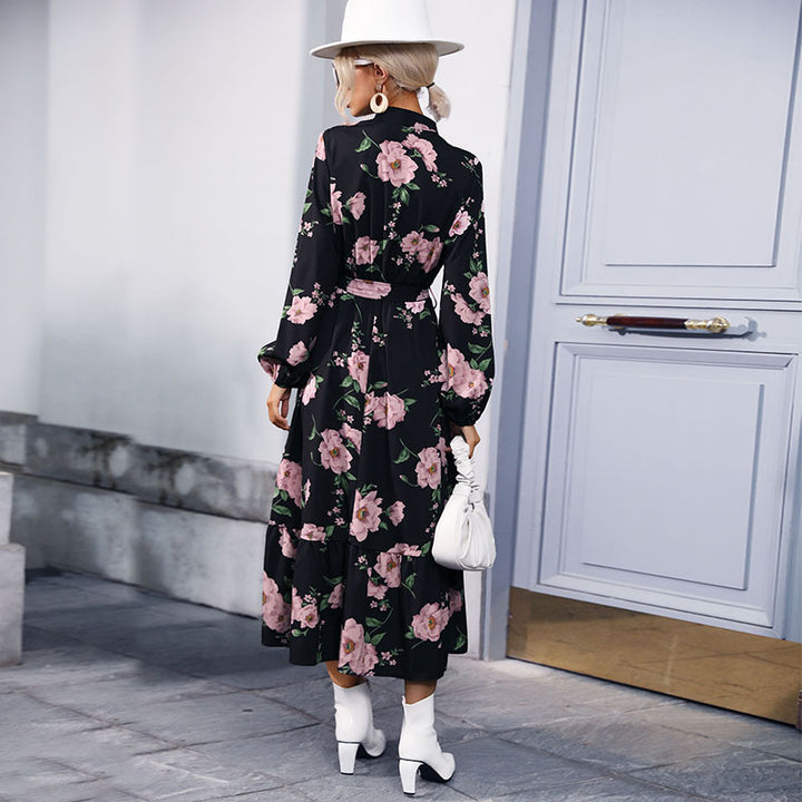Women's maxi dress with stand-up collar, floral print, waistband and ruffle tier Mune Fashion