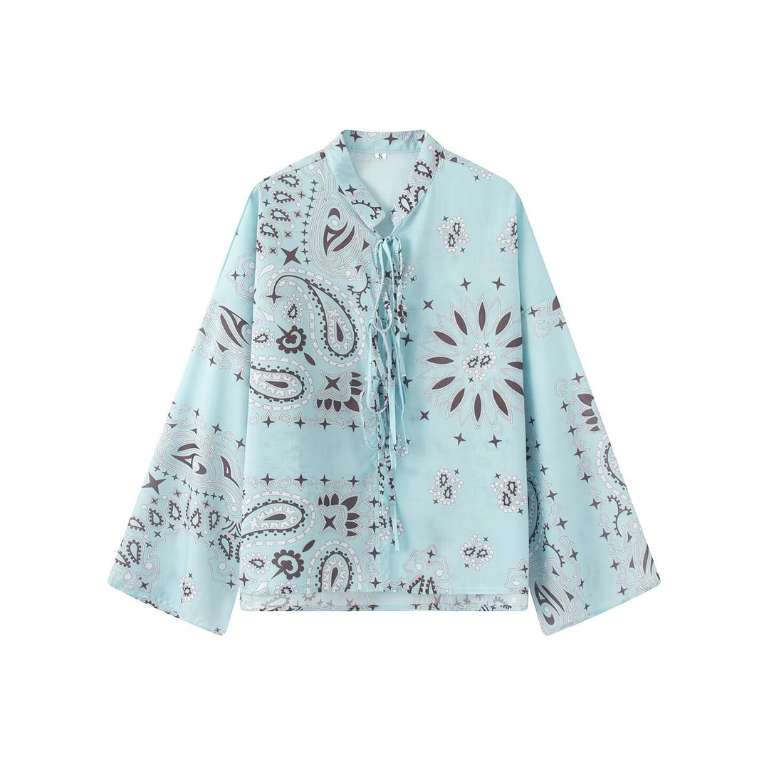 Women's Two-Piece Satin Look Lounge Set with Paisley Print, Kimono Collar Blouse and Wide Culotte Pants Mune Fashion