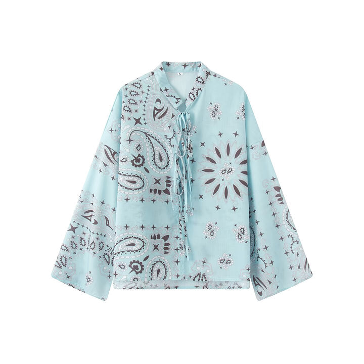 Women's Two-Piece Satin Look Lounge Set with Paisley Print, Kimono Collar Blouse and Wide Culotte Pants Mune Fashion