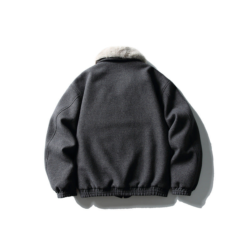 Men's Short Boxy Wool Blend Pilot Jacket with Faux Fur Collar and Elastic Hem Mune Fashion
