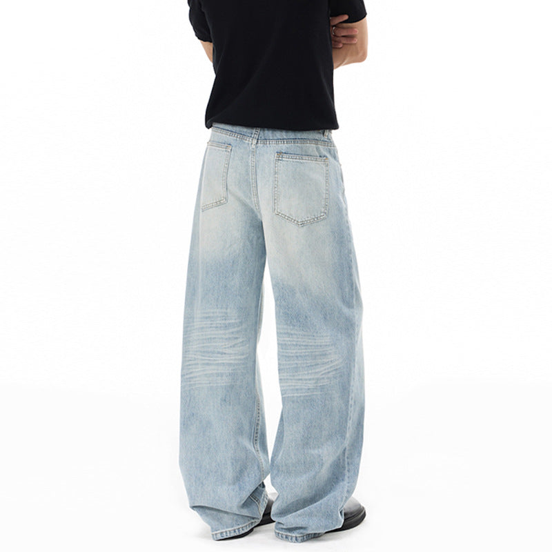 Men's Wide Loose Palazzo Denim Jeans with Drop Crotch and Light Used Wash Mune Fashion