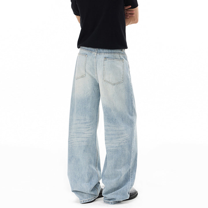 Men's Wide Loose Palazzo Denim Jeans with Drop Crotch and Light Used Wash Mune Fashion
