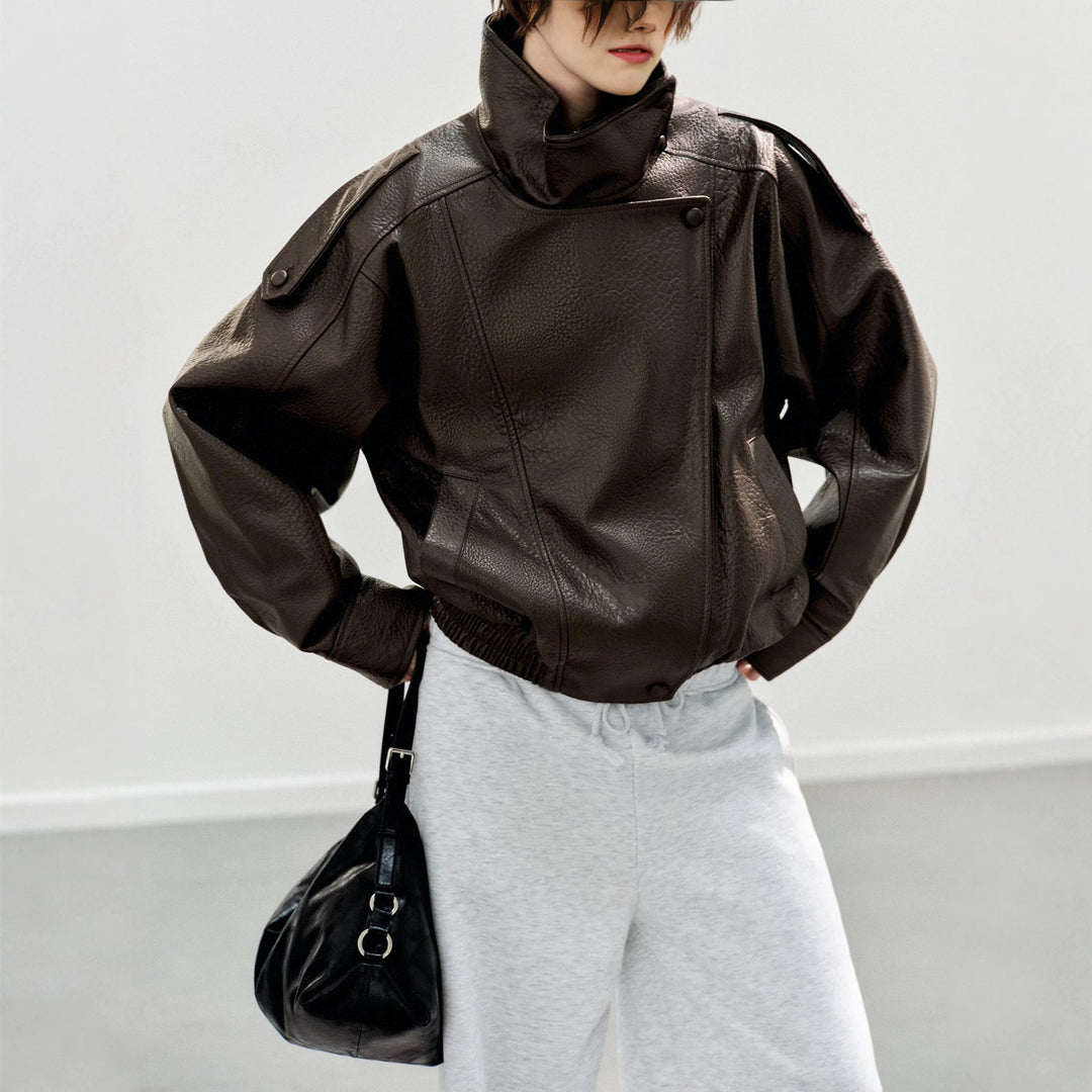 Men's short-cut leather jacket with high stand-up collar and ribbed hem Mune Fashion