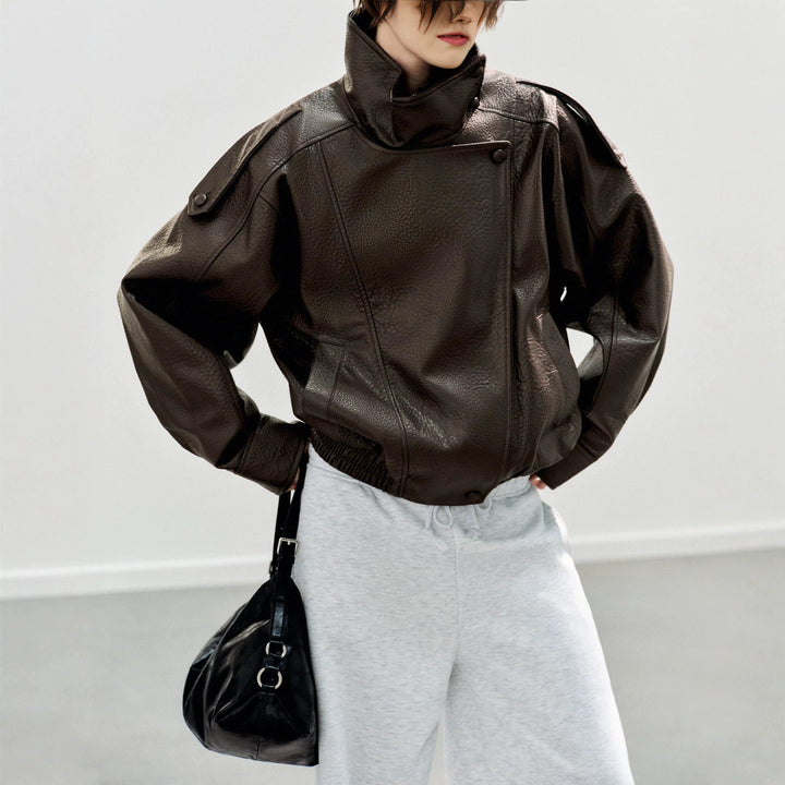 Men's short-cut leather jacket with high stand-up collar and ribbed hem Mune Fashion