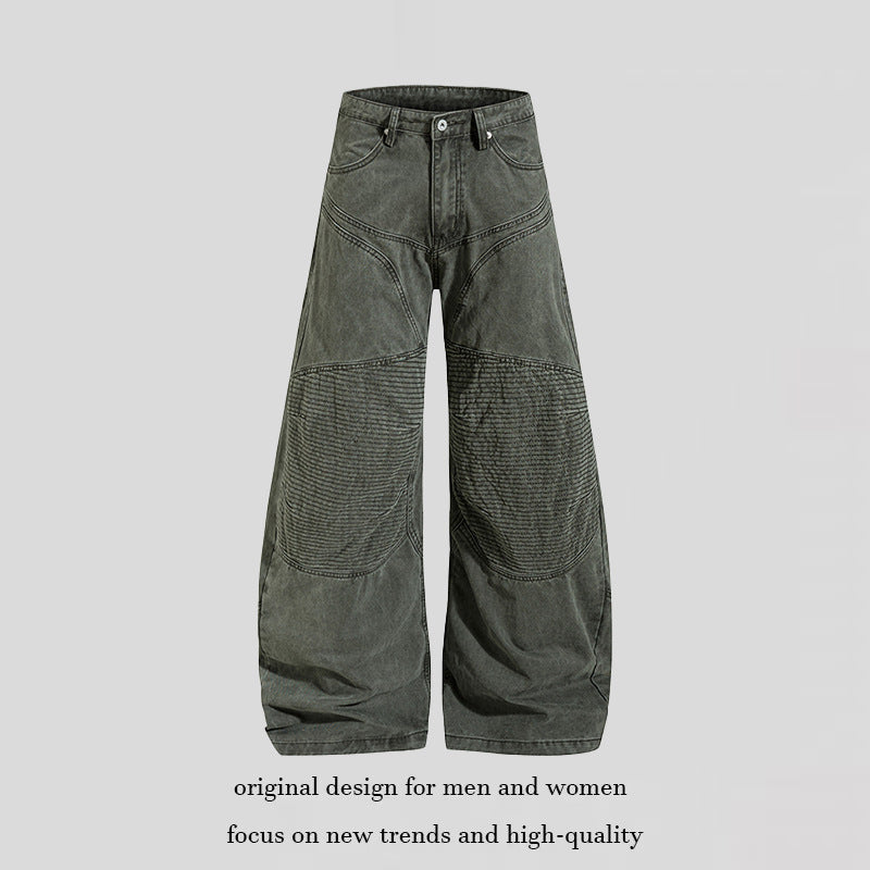 Women High-waisted wide Denim culotte pants with reinforced ribbed knee panels and patch stitching Mune Fashion