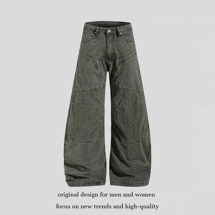Women High-waisted wide Denim culotte pants with reinforced ribbed knee panels and patch stitching Mune Fashion
