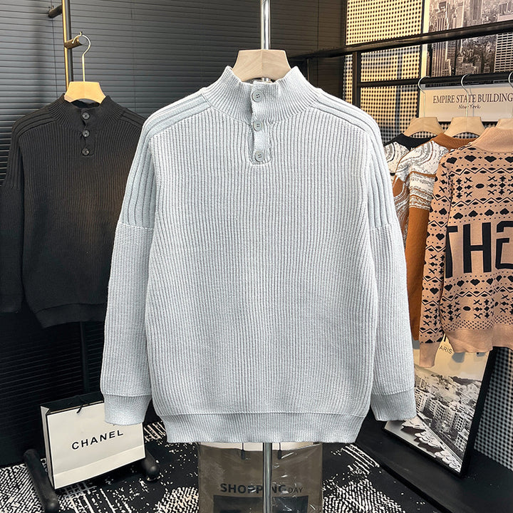 Men's chunky knit pullover with half button placket and high stand-up collar Mune Fashion