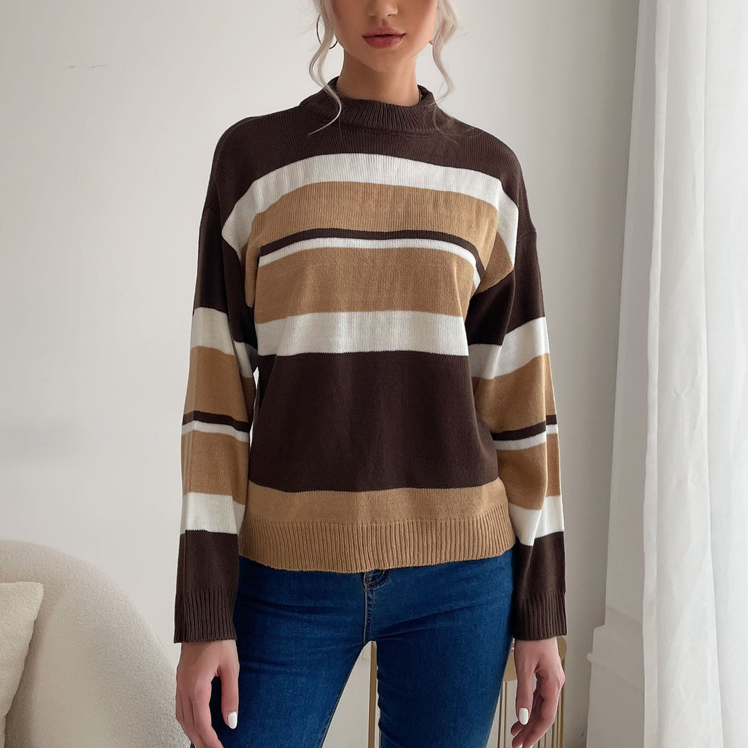 Women's Striped Fine Knit Sweater with Stand-Up Collar Mune Fashion