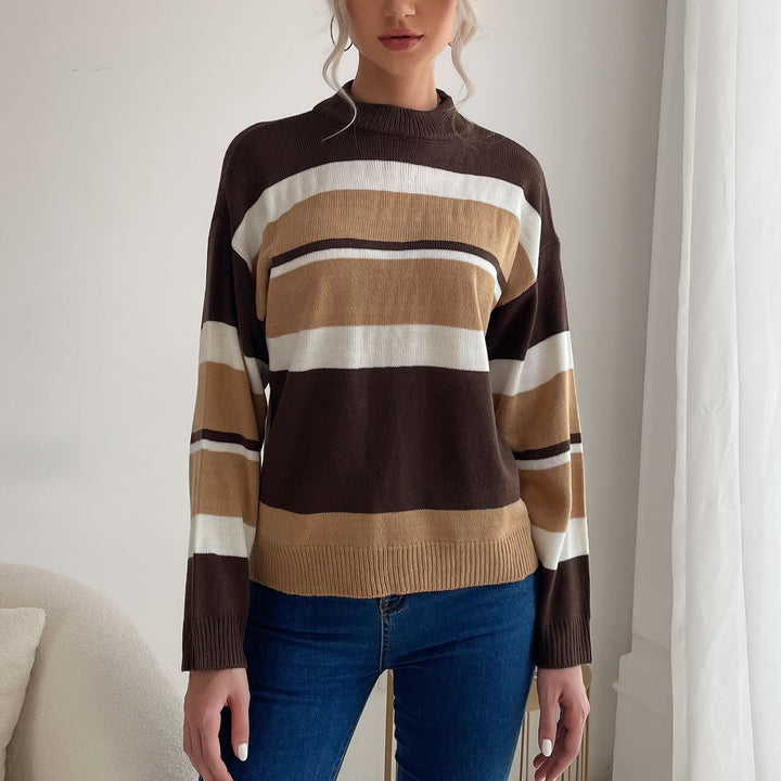 Women's Striped Fine Knit Sweater with Stand-Up Collar Mune Fashion