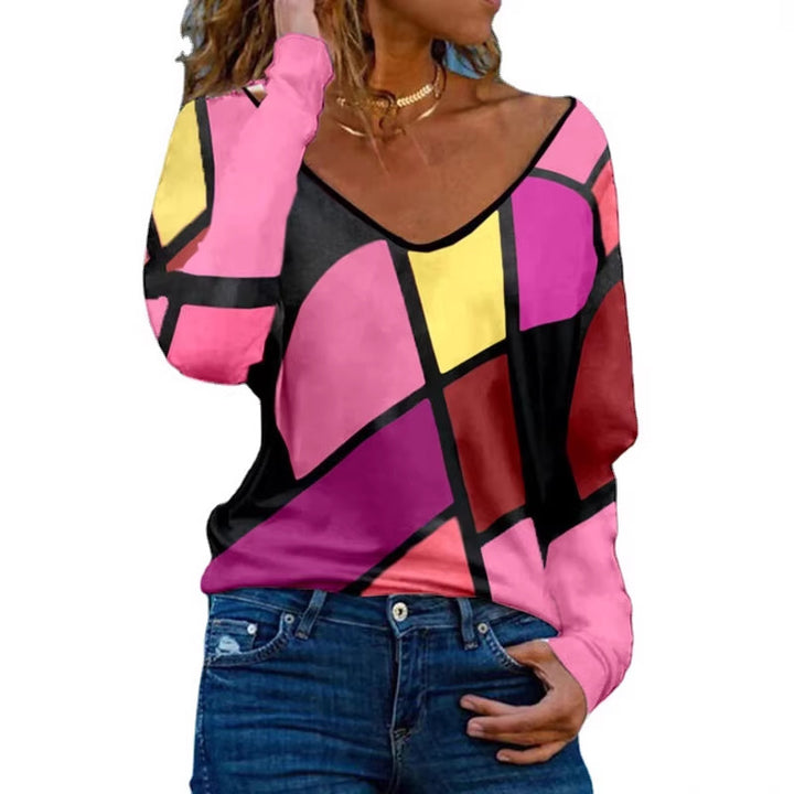 Women's Loose V-Neck Long Sleeve Shirt with Geometric Block Print and Oversized Fit Mune Fashion