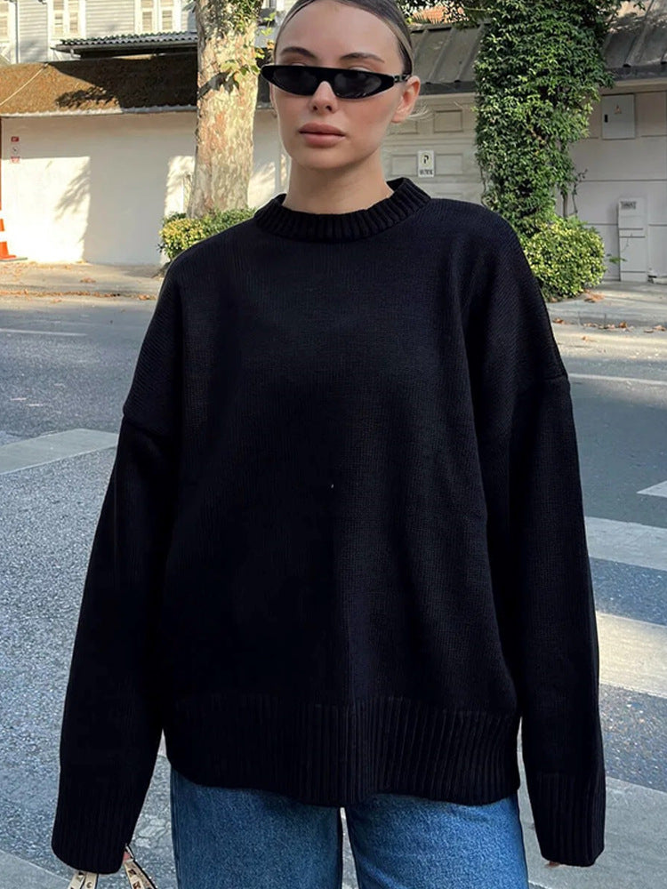 Women's Oversized Fine Knit Sweater with Round Neck & Extended Cuffs Mune Fashion
