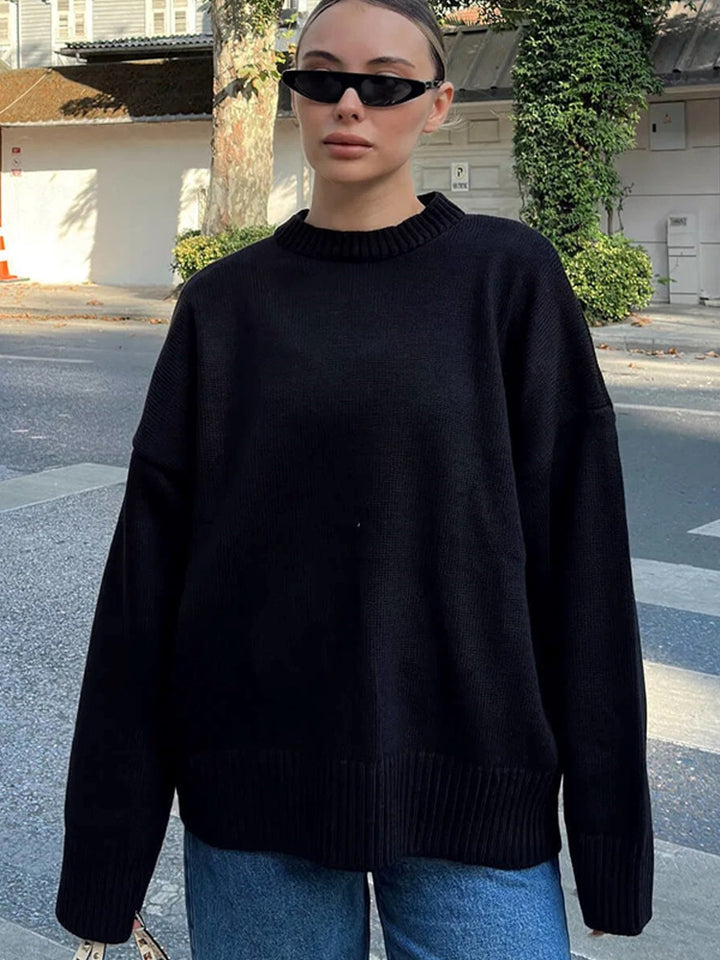 Women's Oversized Fine Knit Sweater with Round Neck & Extended Cuffs Mune Fashion