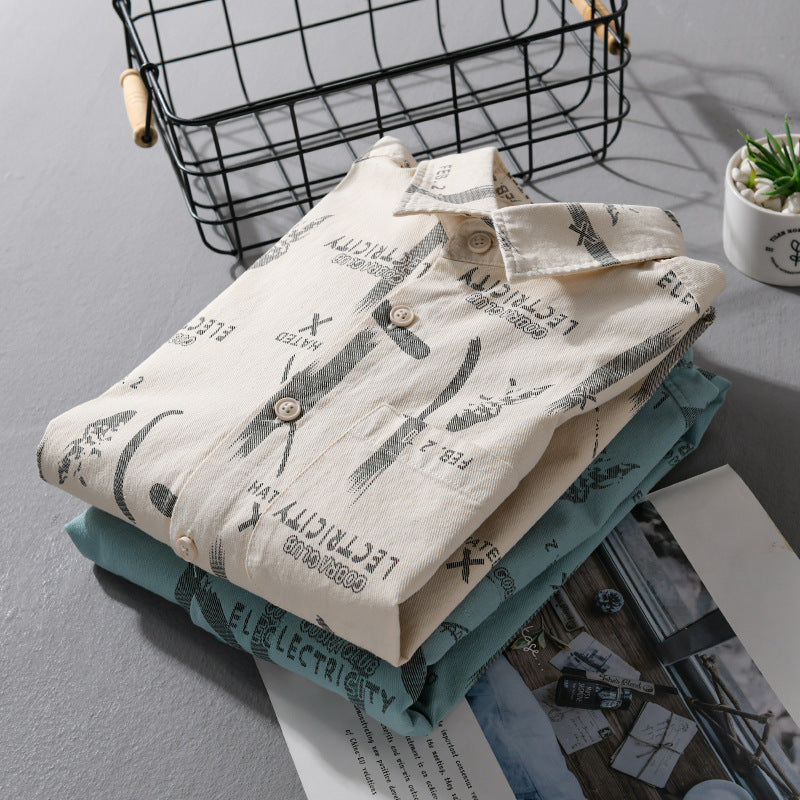 Men's Lightweight Cotton Crinkle Shirt in Relaxed Fit with Typo Allover Print and Applied Chest Pocket Mune Fashion