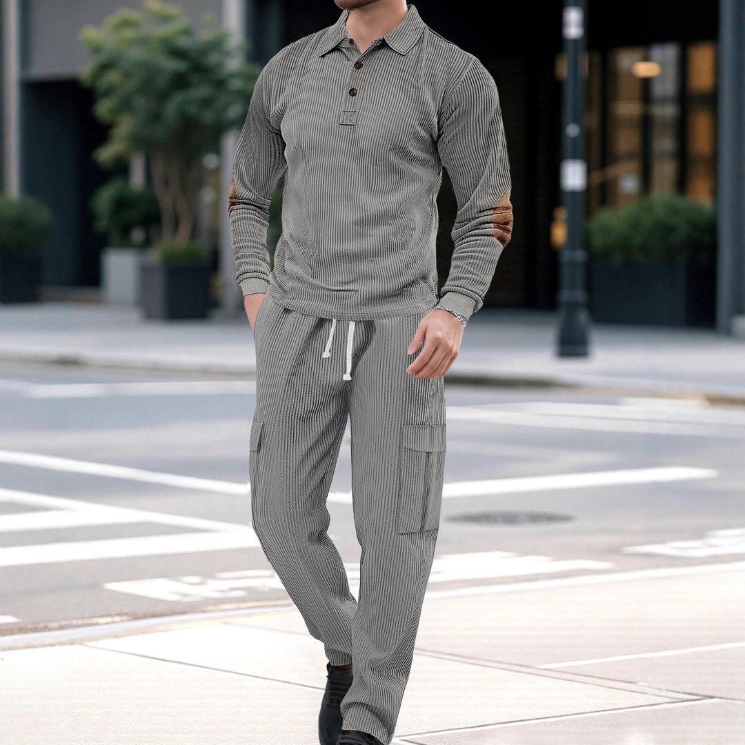 Men's nano ribbed lounge set with polo collar elbow patches and cargo pants Mune Fashion
