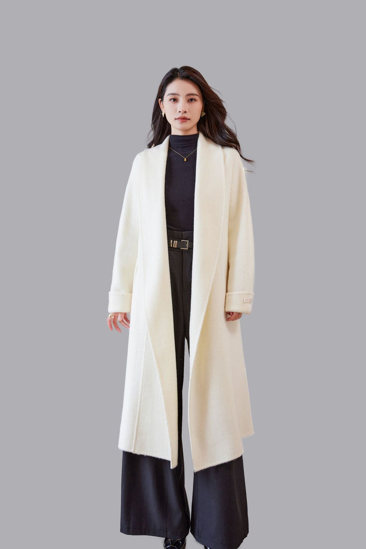 Ladies Mid-length Wrap Coat with Tied Belt and Shawl Collar Mune Fashion