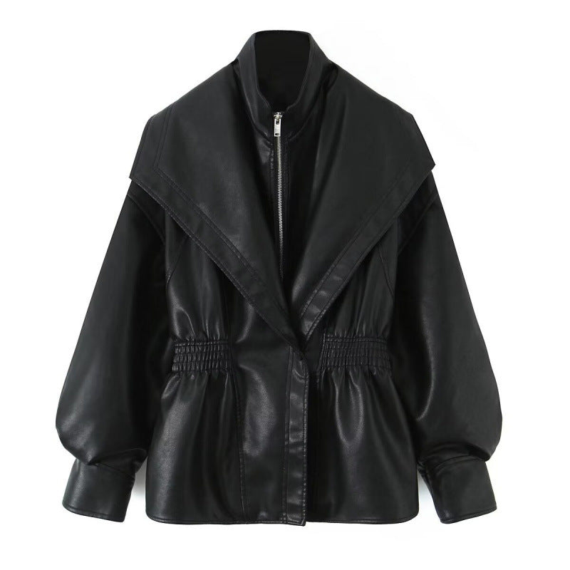 Women's Faux Leather Jacket with Wide Shawl Collar and Gathered Waistband Mune Fashion
