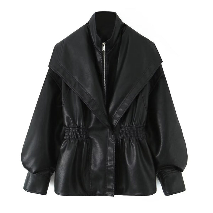 Women's Faux Leather Jacket with Wide Shawl Collar and Gathered Waistband Mune Fashion